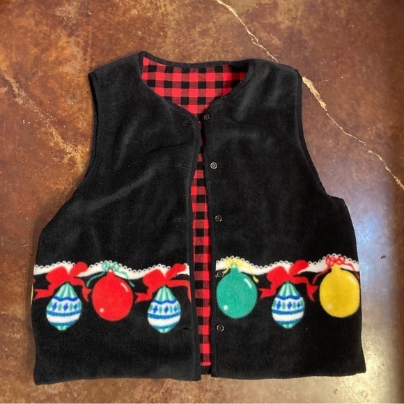 Ladies Reversible Christmas Ornament Buffalo Plaid Fleece Vest - Picture 1 of 4